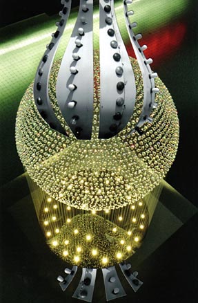Ball-shaped chandelier with detail of a Coney Island ride