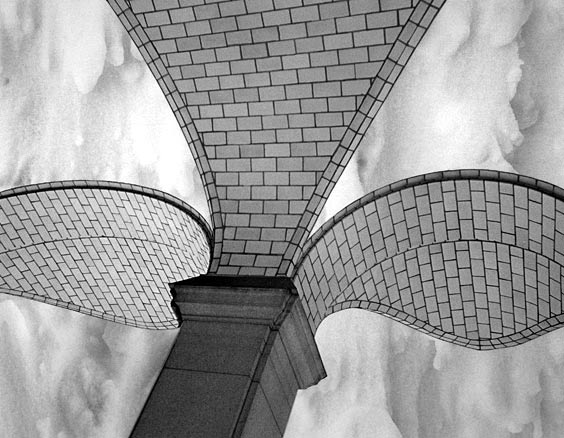B&W column, tiled arches, ceiling opening