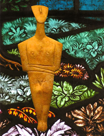 bronze-age female figurine on a landscape of stained-glass greenery