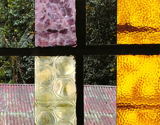 4 window panes: textured glass, 1 large, 2 small; 1 of wood
