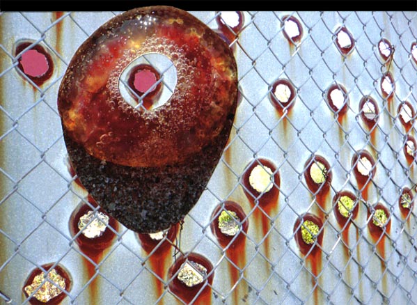 Red jelly fish with rusted fence