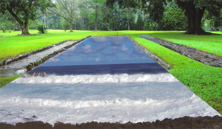 Blue water trapezoid surrounded by green grass