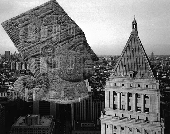 B&W double exposure, cityscape with large ancient head