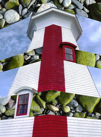 Light house Campabello Island, New Brunswick Canada Vertical red stripe on white light house intersected by horizontal stripes of green pebbles.