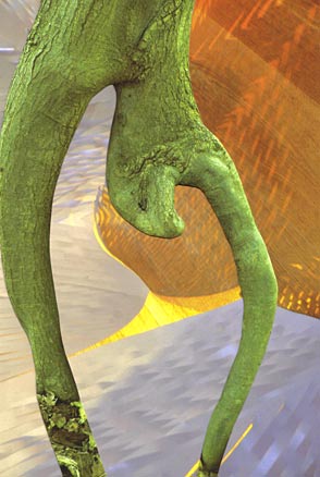 Green tree trunk with curving synthetic forms Curving tree trunk with curving shapes, green, pumpkin and light blue